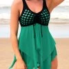 Tie Front Cyan Asymmetric Hem Swimdress And Panty