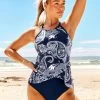 Cross Strap Navy Blue Paisley Print Tankini Set