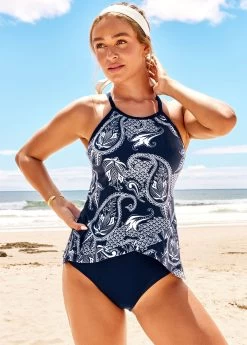 Cross Strap Navy Blue Paisley Print Tankini Set -Modlily 290434 P 16391039697803
