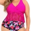 Plus Size Floral Print Tassel High Waist Bikini Set