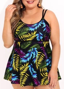 Double Straps Plus Size Leaf Print Swimdress Set
