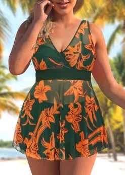 Plus Size Floral Print Olive Green Swimdress And Shorts