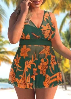 Plus Size Floral Print Olive Green Swimdress And Shorts 5 Plus Size Floral Print Olive Green Swimdress And Shorts -Modlily 290702 P 1657102320471
