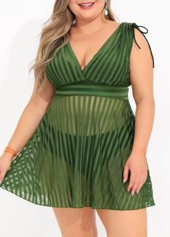 Plus Size Striped Olive Green Swimdress Set -Modlily 290725 P 16403303169922