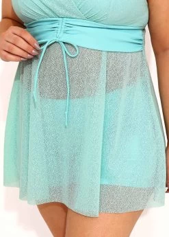 Plus Size Drawstring Detail Cyan Swimdress And Shorts -Modlily 290726 P 16402599810743