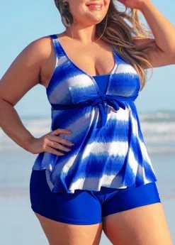 Bowknot Plus Size Ombre Print Royal Blue Tankini Set -Modlily 291038 P 16407670073632