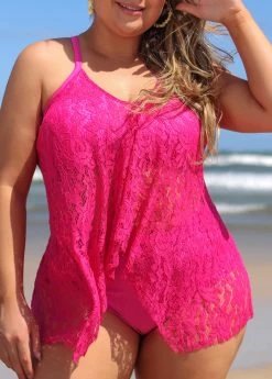 Plus Size Hot Pink Lace Tankini Set -Modlily 291155 P 16408604875264