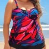 Brush Stroke Print Cross Front Plus Size Tankini Set