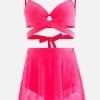 Hot Pink Lace Stitching High Waist Bikini Set