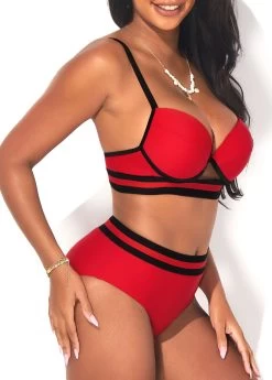 Webbing Mid Waist Deep Red Bikini Set -Modlily 291210 P 16413520762553