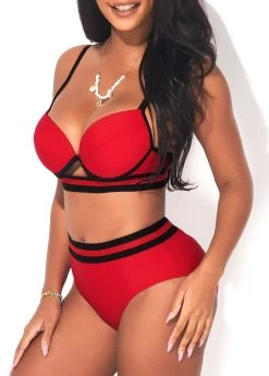 Webbing Mid Waist Deep Red Bikini Set -Modlily 291210 P 16413520764484