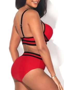 Webbing Mid Waist Deep Red Bikini Set -Modlily 291210 P 16413520768152