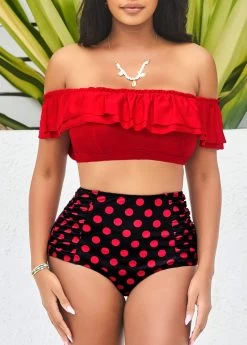 Polka Dot High Waist Flounce Red Smocked Bikini Set -Modlily 291211 P 16466490779013