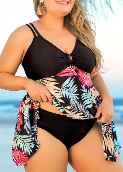 Plus Size Tropical Print Black Swimdress Set -Modlily 291412 P 16409404570652
