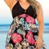 Plus Size Tropical Print Black Swimdress Set