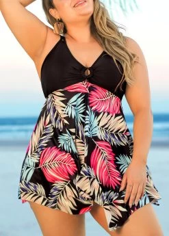 Plus Size Tropical Print Black Swimdress Set