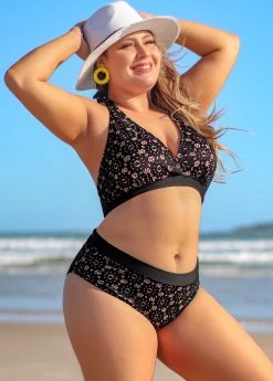 Plus Size Black Lace Mid Waist Bikini Set -Modlily 291437 P 16408604072584