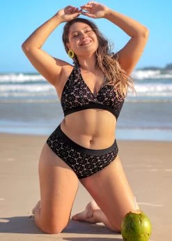 Plus Size Black Lace Mid Waist Bikini Set -Modlily 291437 P 16408604074603