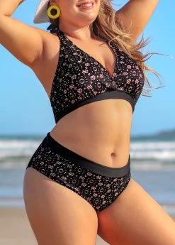 Plus Size Black Lace Mid Waist Bikini Set -Modlily 291437 P 16408604076280