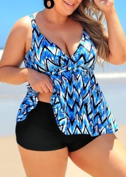 Plus Size Chevron Print Blue Tankini Set -Modlily 291441 P 16427476561782