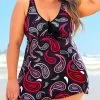 Paisley Print Cross Strap Plus Size Black Swimdress Set