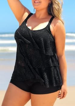 Plus Size Black Lace Layered Hem Tankini Set -Modlily 291450 P 16408603027612