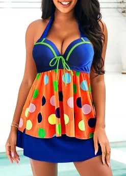 Rainbow Color Polka Dot Bowknot Halter Swimdress And Pantskirt 10 Rainbow Color Polka Dot Bowknot Halter Swimdress And Pantskirt -Modlily 291485 P 16427291700964