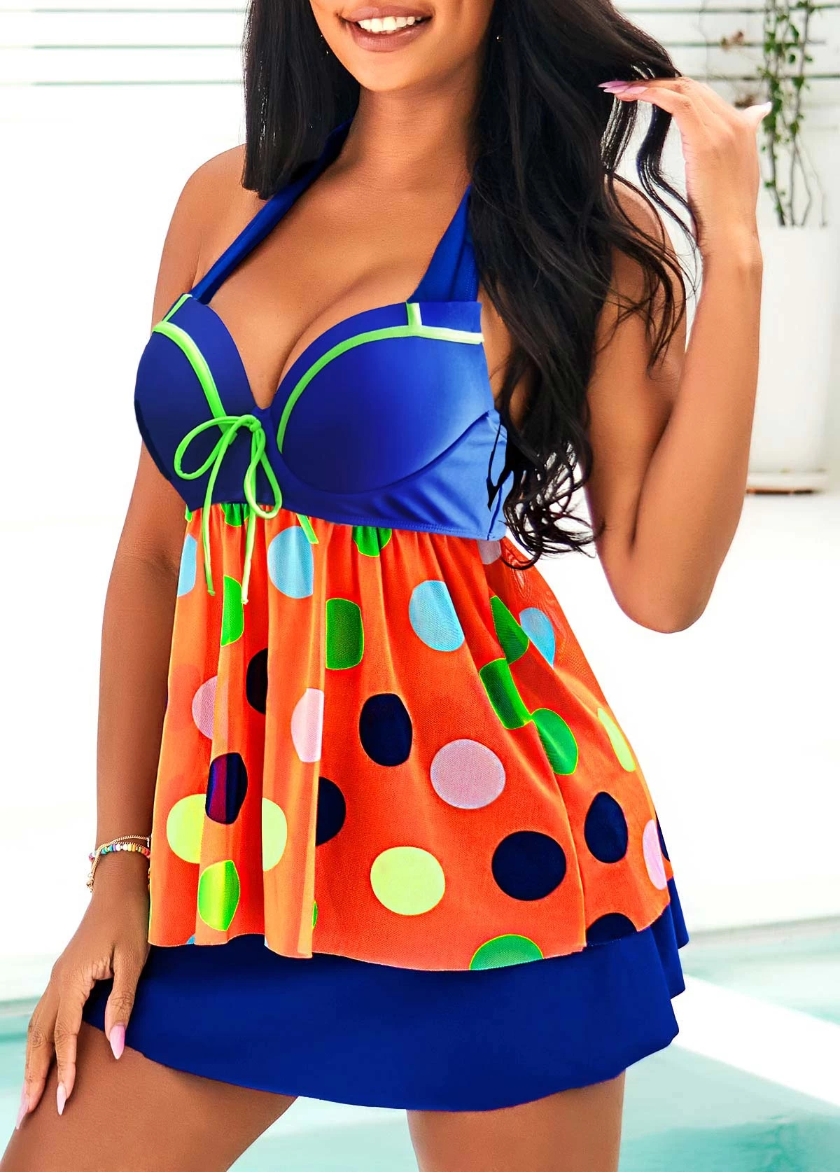 Rainbow Color Polka Dot Bowknot Halter Swimdress And Pantskirt 3 Rainbow Color Polka Dot Bowknot Halter Swimdress And Pantskirt - Image 3