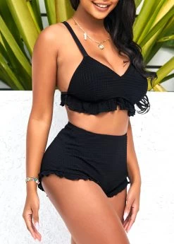 High Waisted Black Flounce Criss Cross Back Bikini Set 6 High Waisted Black Flounce Criss Cross Back Bikini Set -Modlily 291488 P 16400857491632