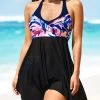 Floral Print Black Asymmetric Hem Swimdress And Panty