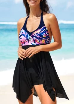 Floral Print Black Asymmetric Hem Swimdress And Panty -Modlily 291523 P 16408512188583