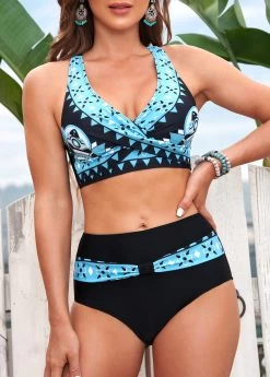 Geometric Print Black Cross Strap Bikini Set -Modlily 292115 P 16409160423403