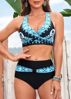 Geometric Print Black Cross Strap Bikini Set
