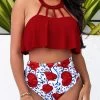 Cage Neck High Waisted Red Bikini Set