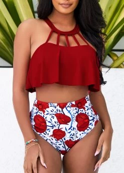 Cage Neck High Waisted Red Bikini Set