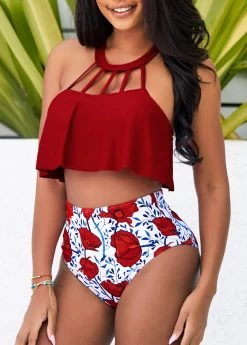 Cage Neck High Waisted Red Bikini Set -Modlily 292431 P 16405998834462