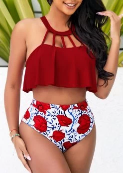 Cage Neck High Waisted Red Bikini Set -Modlily 292431 P 16405998838370