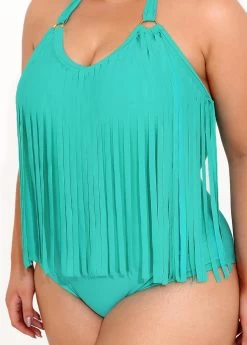 Tassel Plus Size Cyan Halter One Piece Swimwear -Modlily 292435 P 16412853286464