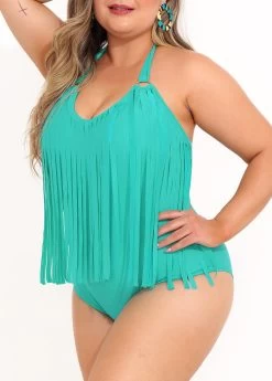 Tassel Plus Size Cyan Halter One Piece Swimwear -Modlily 292435 P 16412853287042