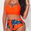 High Waisted Tropical Print Orange Bikini Set