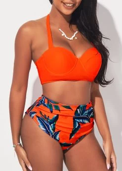 High Waisted Tropical Print Orange Bikini Set -Modlily 292438 P 16456187798033