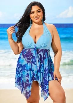 Butterfly Print Light Blue Plus Size Swimdress And Shorts -Modlily 292483 P 16445742224394