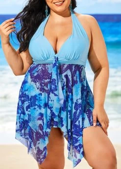 Butterfly Print Light Blue Plus Size Swimdress And Shorts