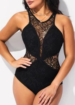 Black Lace Stitching One Piece Swimwear -Modlily 292555 P 16431633895303