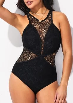 Black Lace Stitching One Piece Swimwear