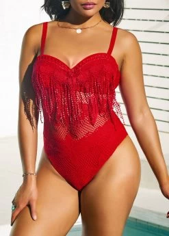 Lace Stitching Tassel Red One Piece Swimwear 6 Lace Stitching Tassel Red One Piece Swimwear -Modlily 292624 P 16424166180262