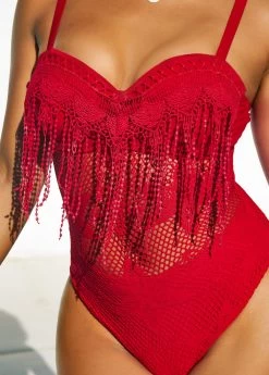 Lace Stitching Tassel Red One Piece Swimwear 7 Lace Stitching Tassel Red One Piece Swimwear -Modlily 292624 P 16424166186623