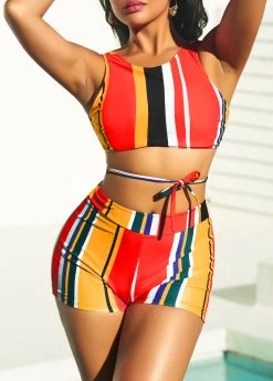 High Waisted Stripe Print Multi Color Bikini Set -Modlily 292625 P 16424101364023