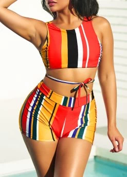 High Waisted Stripe Print Multi Color Bikini Set -Modlily 292625 P 16424101368402