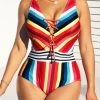 Lace Up Striped Wide Strap One Piece Swimwear